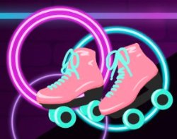 dayglow pink and turquoise roller skates with bright lights behind them